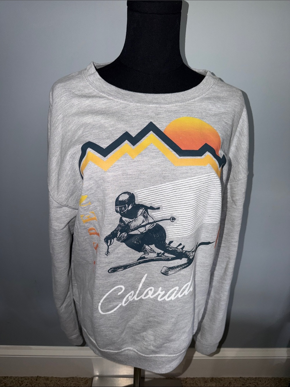 Wound Up Gray Crewneck Sweatshirt with Yellow & Orange Graphic